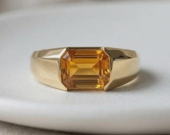 Anel de sinete com citrino lapidado em esmeralda, banhado a ouro 14K e prata de lei 925, anel marcante em estilo Art Déco, joia geométrica com pedra preciosa.