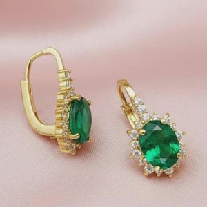 Green Emerald Drop Earrings, Diamond Halo Earrings, 925 Sterling Silver Gold Plated, Bridal Wedding Jewelry, Gift for Her