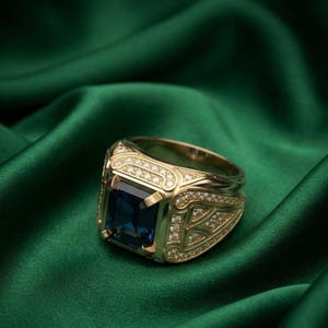 Pode incluir: Um anel de ouro com uma grande pedra preciosa retangular de cor azul profundo no centro. A banda &eacute; larga e ornamentada, decorada com numerosas pedras pequenas, claras e brilhantes incrustadas ao longo das bordas e nas laterais.