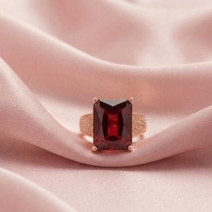 Red Garnet Statement Ring, 925 Sterling Silver, 14K Yellow Gold Plated, Rectangular Garnet Cocktail Ring, Red Gemstone Ring, Gift for Her
