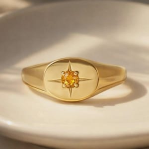 Yellow Citrine Compass Ring, Gold Starburst Ring, Natural Citrine Gemstone Ring, Celestial Statement Ring, Unique Gift for Her