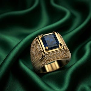 Pode incluir: Um anel de ouro com uma grande pedra central retangular azul-profundo engastada num bisel elevado. A banda e a crava&ccedil;&atilde;o s&atilde;o decoradas com padr&otilde;es dourados intrincados e pequenas pedras claras e cintilantes incrustadas ao longo dos lados.