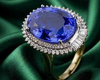 Bague en argent sterling 925 sertie d'un saphir bleu ovale à double halo et d'un diamant décoratif. Bijou idéal pour Thanksgiving.