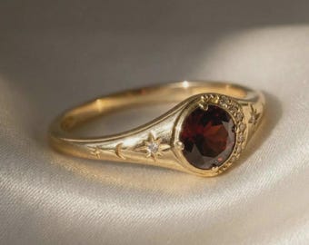 Anel de prata de lei 925 com granada, banhado a ouro 14K, anel vintage de granada vermelha, anel de pedra de nascimento de janeiro, joia de ouro com granada, presente para ela.