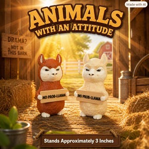 May include: Two small llama figurines, one brown and one cream, standing in a barn. Each holds a rectangular sign with the text NO PROB-LLAMA. The text ANIMALS WITH AN ATTITUDE appears above, and a sign reads DRAMA? NOT IN THIS BARN. Height is 3 inches.
