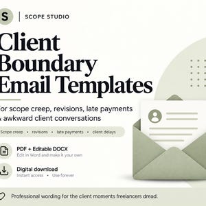 Puede incluir: Un producto digital de plantillas de correo electrónico para límites con clientes de Scope Studio. El gráfico muestra un icono de sobre verde salvia, detalles sobre formatos PDF y DOCX editables, y una lista de temas que incluyen alcance del proyecto, revisiones, pagos atrasados y retrasos de clientes.
