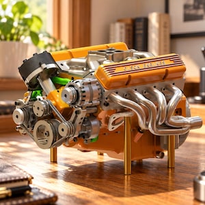 Peut inclure: Un modèle réduit détaillé de moteur V8 avec un bloc-moteur et des couvre-culasses orange vif portant l'inscription OISON ENGINES sur le côté. Le modèle comprend des collecteurs d'échappement, des poulies en métal argenté et une tête d'allumeur noire.