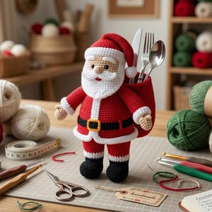 May include: A crocheted Santa Claus figurine featuring a red suit, white trim, black belt with a yellow buckle, and black boots. The Santa has a hollow back serving as a holder for a silver knife, fork, and spoon set. The figure is crafted with yarn.