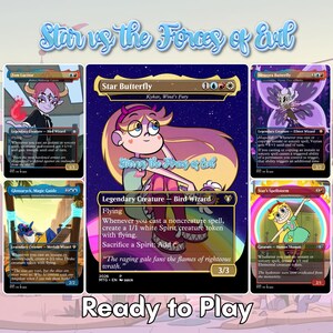 May include: A collection of five custom trading cards featuring characters from Star vs the Forces of Evil. The central card depicts Star Butterfly as a Legendary Creature Bird Wizard with text including Flying and 3/3. The surrounding cards show Tom Lucitor, Glossaryck, Meteora Butterfly, and Star's Spellstorm with various game stats and abilities printed on each card.