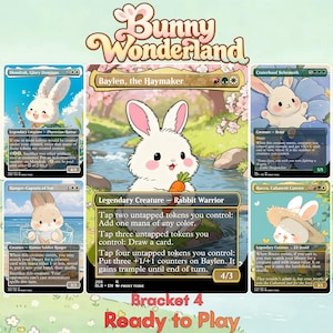 May include: A collection of five Bunny Wonderland trading cards featuring illustrated rabbits. The central card displays Baylen, the Haymaker, a rabbit warrior holding a carrot. Surrounding cards include Mondrak, Craterhoof Behemoth, Ranger-Captain of Eos, and Rocco, Cabaretti Caterer. The text Bunny Wonderland and Bracket 4 Ready to Play is visible.