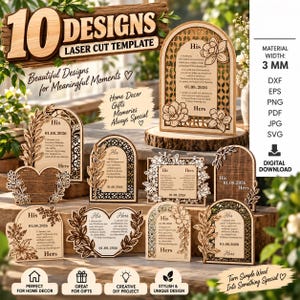 May include: A collection of 10 laser cut wooden templates featuring arched and heart-shaped designs with floral motifs and text including His, Hers, and the date 01.08.2026. The set includes file formats DXF, EPS, PNG, PDF, JPG, and SVG with a 3 mm material width.