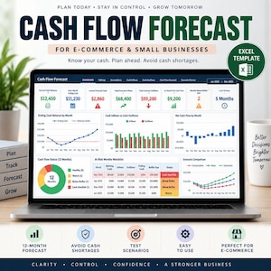 May include: A laptop screen displaying a Cash Flow Forecast Excel template for e-commerce and small businesses. The dashboard features financial metrics, bar charts, line graphs, and a status table with data for 2025, including cash inflows and outflows.