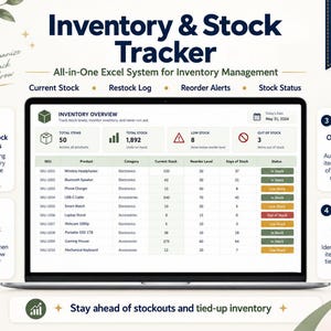 Puede incluir: Un sistema digital de seguimiento de inventario y existencias en Excel que se muestra en la pantalla de una computadora portátil. La interfaz muestra una descripción general del inventario con columnas para SKU, producto, categoría, stock actual, nivel de reorden y estado, junto con cuatro iconos de funciones numerados.