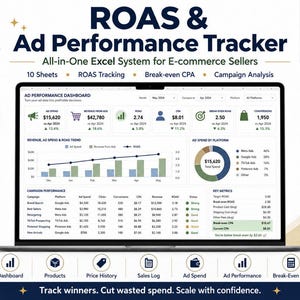 Könnte beinhalten: Ein digitales Excel-System zur Nachverfolgung von ROAS und Werbeleistung auf einem Laptop-Bildschirm. Das Dashboard enthält Diagramme, Tabellen und Kennzahlen wie Werbeausgaben, Umsatz, ROAS und CPA. Der Text lautet ROAS & Ad Performance Tracker.