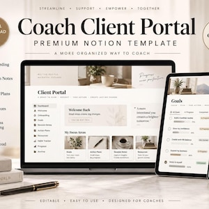 Op de afbeelding: Een digitale Coach Client Portal Notion-sjabloon weergegeven op een laptop, tablet en smartphone. De interface bevat secties voor onboarding, sessienotities, actieplannen, bronnen en voortgangsregistratie met een neutrale uitstraling.