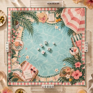 Puede incluir: Un tablero de juego de mahjong cuadrado con una ilustración de piscina, sombrillas a rayas rosas y blancas, tumbonas, flores tropicales y hojas de palma. Incluye soportes de acrílico transparente para las fichas y fichas blancas con símbolos.