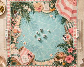Tropical Pool Mahjong Mat, Original Illustrated Mahjong Game Mat, Vintage Resort Mah Jongg Mat, Pink Green Mahjong Table Mat, Mahjong Gift