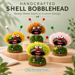 Personalized Spring Monster Bobblehead, Finished Natural Shell Figurine, Whimsical Office or Bookshelf Decor
