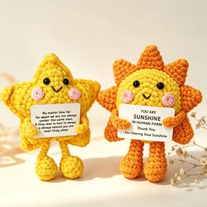 Può includere: Due figure all'uncinetto, una stella gialla e un sole arancione, che tengono ciascuna un cartoncino bianco. Il cartoncino della stella recita: No matter how far far apart we are are always under the same stars. A tiny star is here to always remind you are not truly alone. Il cartoncino del sole recita: YOU ARE SUNSHINE IN HUMAN FORM Thank You For Sharing Your Sunshine.