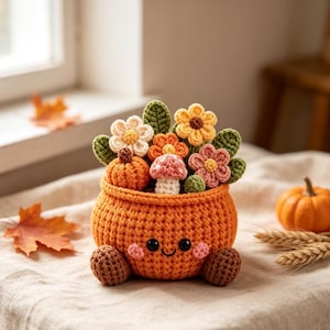 May include: A crocheted orange pumpkin-shaped pot with a smiling face, two brown feet, and pink cheeks. It is filled with crocheted flowers in white, yellow, and pink, green leaves, a small orange pumpkin, and a white and pink mushroom.