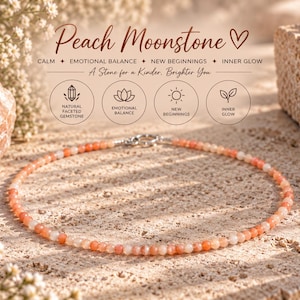 May include: A beaded necklace made of small, round peach moonstone gemstones. The necklace features a silver-toned metal clasp. Above the necklace, text reads Peach Moonstone, Calm, Emotional Balance, New Beginnings, Inner Glow, and A Stone for a Kinder, Brighter You, along with four circular icons representing a crystal, lotus, sun, and leaves.