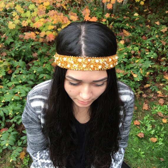 Beaded And Sequined Gold And Orange Headband 60 S Etsy