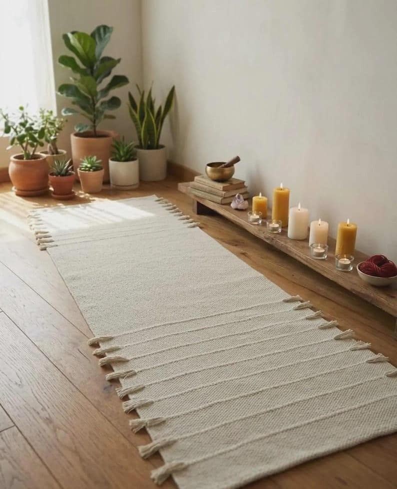 May include: A rectangular off-white woven runner rug featuring a textured surface with horizontal ribbed stripes and decorative fringe tassels along the short edges. The rug is crafted from a light-colored fabric with a consistent weave pattern.