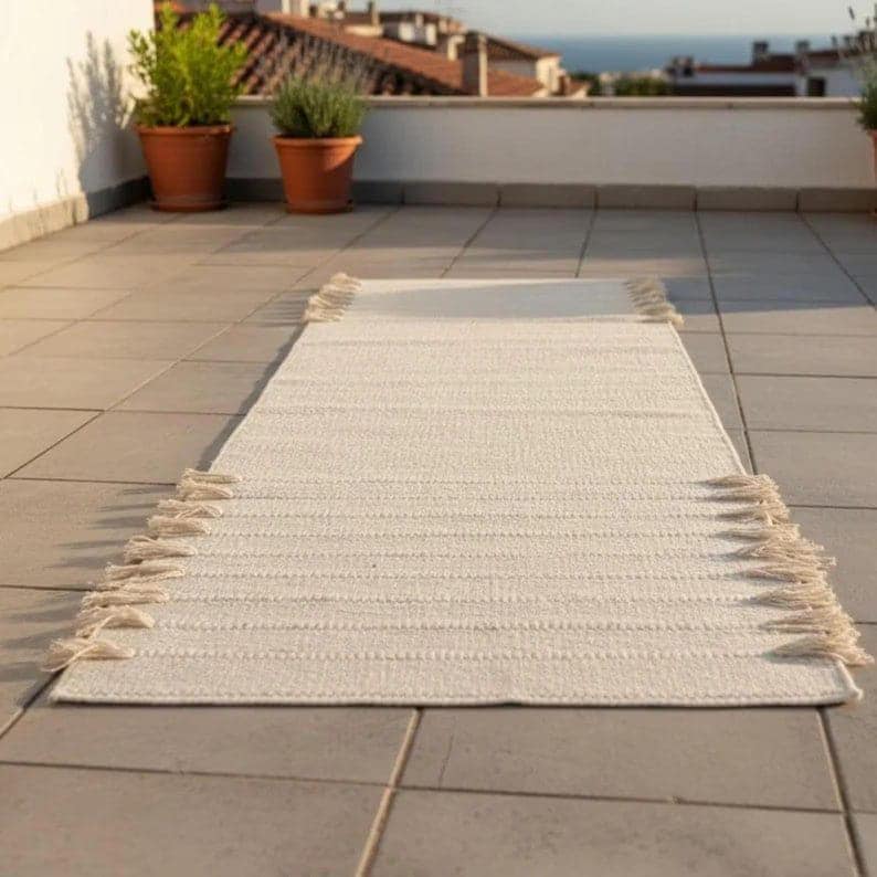 May include: A rectangular off-white runner rug featuring a woven texture and decorative fringe detailing along both short ends. The rug is positioned lengthwise on a tiled surface, displaying a consistent light cream color throughout its surface.