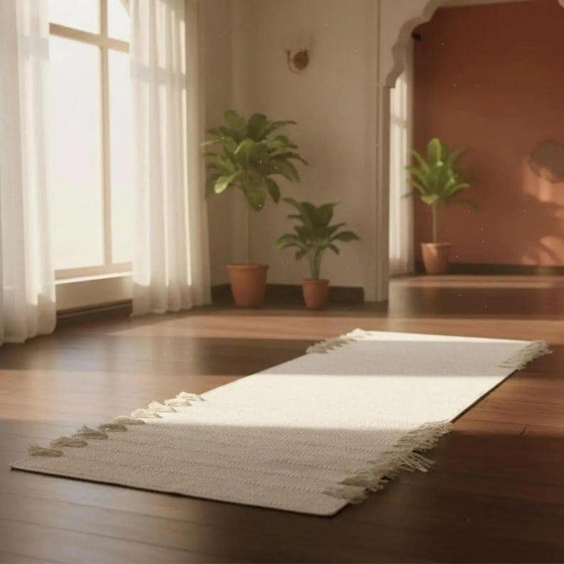 May include: A rectangular off-white woven runner rug featuring a textured surface and decorative fringe along the short edges. The rug is positioned on a dark wooden floor in a room with natural light streaming through large windows.