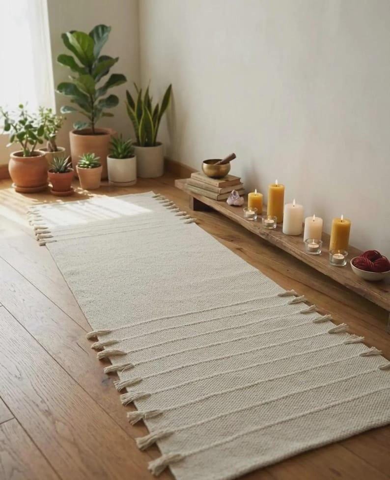 May include: A rectangular off-white woven runner rug featuring a textured surface with horizontal ribbed stripes and decorative fringe tassels along the short edges. The rug is crafted from a light-colored fabric with a consistent weave pattern.