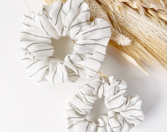 Striped Green and White Linen Scrunchie in 2 Sizes