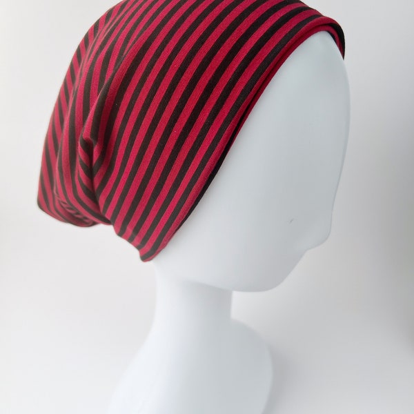 Slouchy Beanie made with Bamboo Knit. Cranberry and Black Striped Colour.