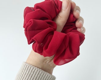 Silk Chiffon Scrunchie in Red. Made with 100% Silk.