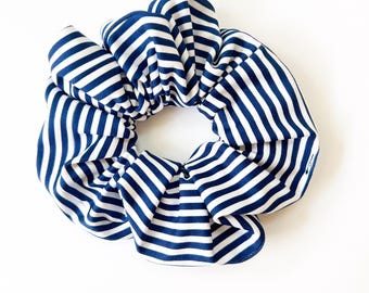 Navy White Stripe Swim Scrunchie, Nautical Hair Accessory, Quick-Dry Fabric