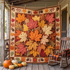 Autumn Maple Leaf Quilt Blanket, Fall Leaves Acorn Throw, Rustic Harvest Blanket, Thanksgiving Farmhouse Fall Home Decor