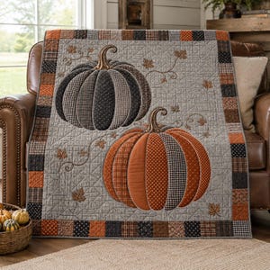 May include: A quilted throw blanket featuring two large pumpkin appliqués in shades of grey, black, and orange. The pumpkins are decorated with various fabric patterns including dots and checks. The border consists of a patchwork of plaid squares.