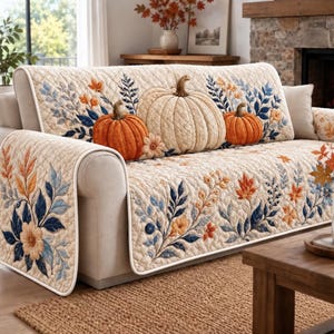 Puede incluir: Una funda de sofá acolchada de tela beige claro con un patrón de costuras en forma de diamante. El diseño muestra grandes calabazas de color naranja y crema rodeadas de hojas de otoño azules y naranjas y motivos florales.