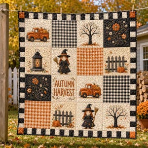 May include: A quilted wall hanging featuring a grid of twelve squares with autumn themes including orange trucks, witches, pumpkins, trees, and fences. The centre square displays the text Autumn Harvest, surrounded by black and white buffalo check borders.
