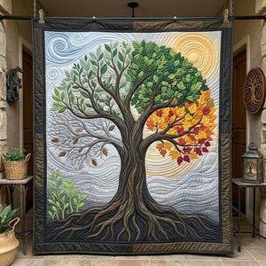 Four Seasons Tree of Life Quilt Blanket, Spring Summer Fall Winter Tree Throw, Nature Lover Blanket, Seasonal Rustic Home Decor