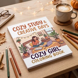 May include: A coloring book titled Cozy Study & Creative Days Cozy Girl Coloring Book featuring an illustration of a person sitting on a bed with a laptop and books, surrounded by potted plants and string lights on a wooden desk surface.