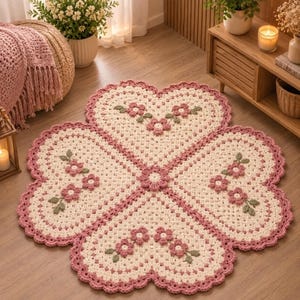 May include: A four-leaf clover shaped crochet rug in cream yarn with a scalloped dusty rose border. The rug features four heart-shaped sections, each decorated with small dusty rose flowers and sage green leaves, centred by a small flower.