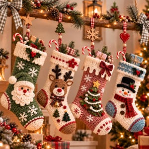 Pode incluir: Quatro meias de Natal de crochê penduradas em um galho de madeira. A primeira é verde com um Papai Noel, a segunda branca com uma rena, a terceira rosa com uma árvore de Natal e a quarta branca com um boneco de neve.