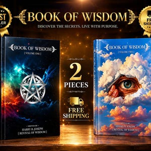 May include: Two hardcover books titled Book of Wisdom Volume One and Volume Two. Volume One features a silver pentagram on a dark nebula background. Volume Two displays a human eye peering through white clouds in a blue sky. Both are by Harry B. Joseph.