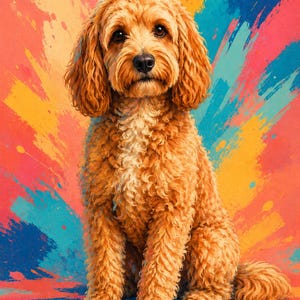 Puede incluir: Un perro de color dorado con pelaje rizado se encuentra sentado en una posición centrada. El fondo presenta un diseño vibrante de salpicaduras de pintura multicolor con rayas de rosa brillante, naranja, amarillo y azul que irradian.