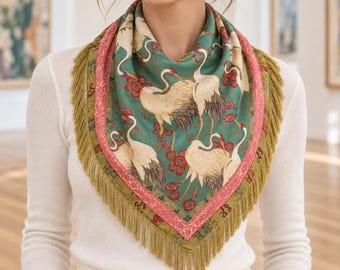 Crane Silk Scarf , Square Fringed Neck Scarf,  Floral Oriental Bandana, Elegant Women's Hair Wrap