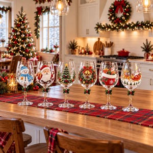 May include: A set of six clear glass wine glasses, each featuring a unique hand-painted Christmas design including a snowman, Santa Claus, a pine tree, a festive wreath, a stocking filled with gifts, and a reindeer pulling a sleigh.