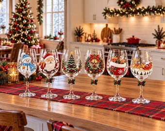 Christmas Wine Glass Set of 6, Holiday Glassware with Gift Box, Festive Party Decor