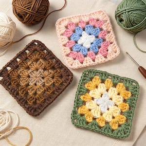 Peut inclure: Trois motifs carrés au crochet dans des palettes de couleurs différentes : un avec du blanc, du bleu clair et du rose ; un avec des nuances de marron ; et un avec du blanc, du jaune et du vert. Chaque motif présente une fleur centrale.