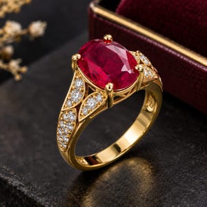 Rubin guldring, röd rubin ädelstensring, vintage stil diamant accentring, elegant statementring, present till henne