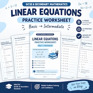 Werkblad lineaire vergelijkingen | Wiskunde oefening voor GCSE | Algebra printbaar | Basis tot gemiddeld niveau | PDF